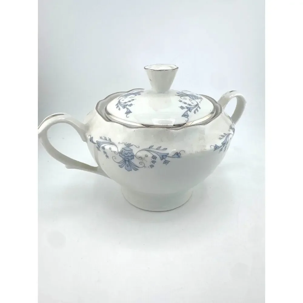 Vintage Smielow Poland‎ Porcelain Sugar Bowl Lid Blue Floral Silver Trim